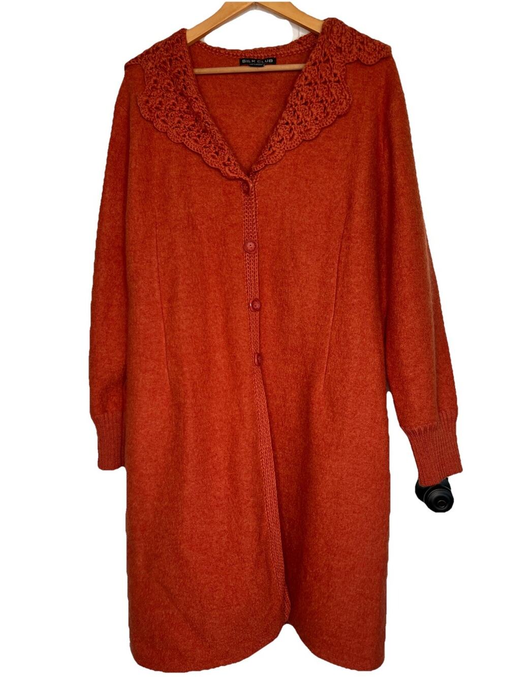 Silk Club 100% Wool Long Burnt Orange Sweater/Cardigan Grandmacore Boho Western
